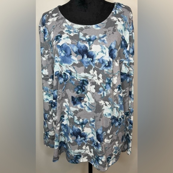 Chico's Women’s Gray Blue Floral Polyester Blend Long Sleeve Knit Blouse Size 3 - Picture 1 of 6
